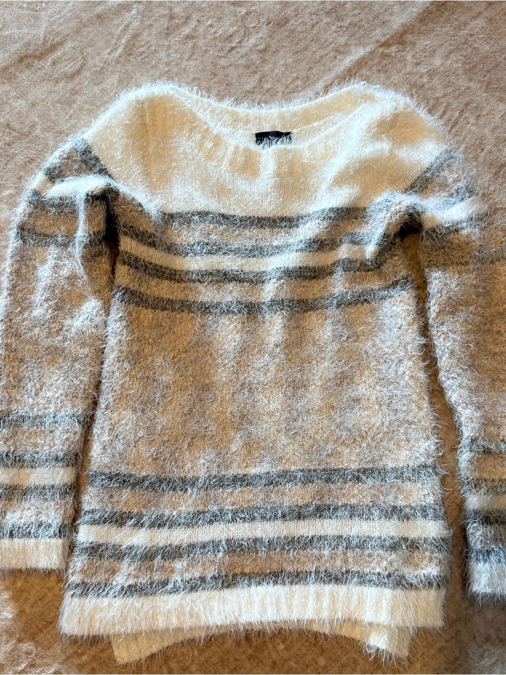 The Limited White and Gray Fuzzy Striped Crewneck Sweater